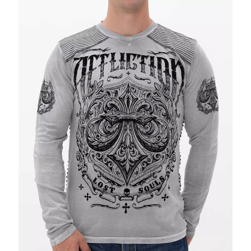 Affliction‎ Science Live Fast Lost Souls Men Long Sleeve Distress Shirt Sz M Vtg